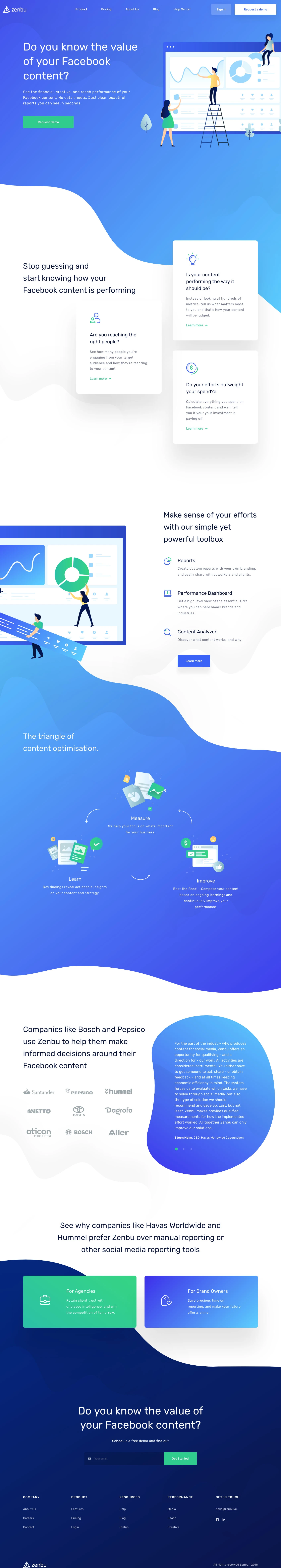 Zenbu Landing Page Example: See the financial, creative, and reach performance of your Facebook content. No data sheets. Just clear, beautiful reports you can see in seconds.