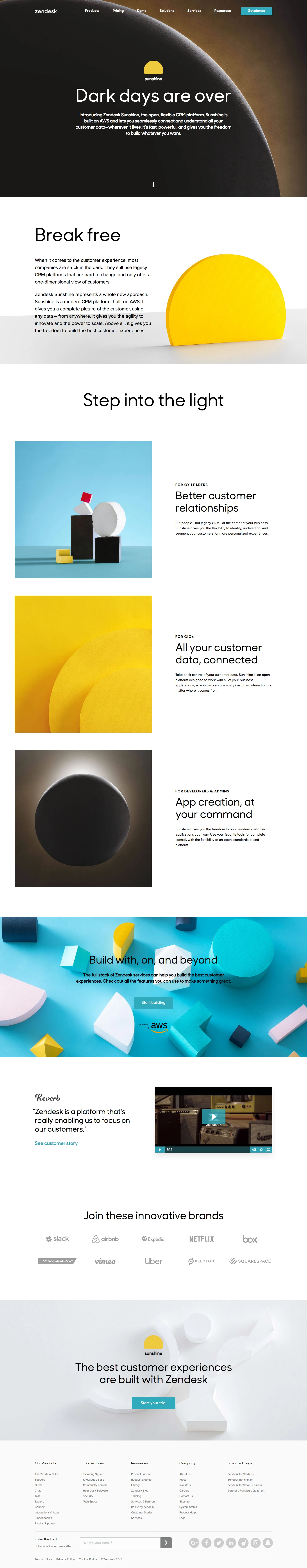 Zendesk Sunshine Landing Page Example: Develop custom experiences with the Zendesk Platform. Create personalized experiences, capture every customer interaction, and build modern customer applications with Zendesk Sunshine.