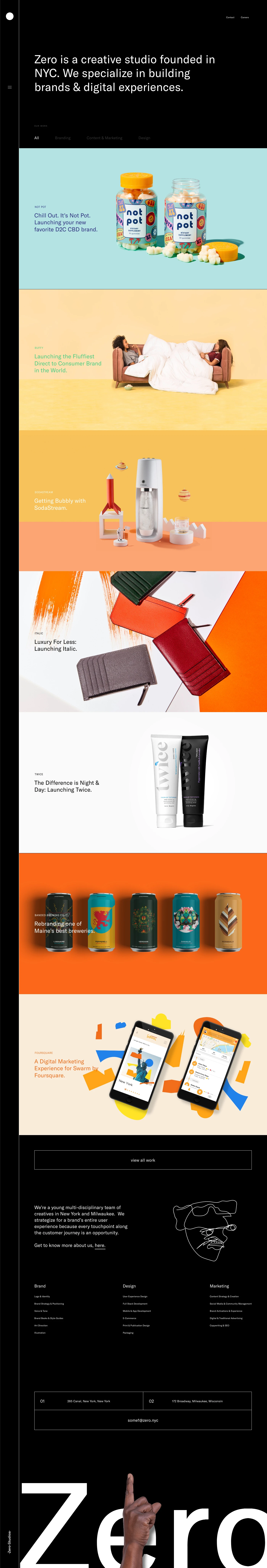 Zero Studios Landing Page Example: Zero is a creative studio founded in NYC. We specialize in building brands & digital experiences.