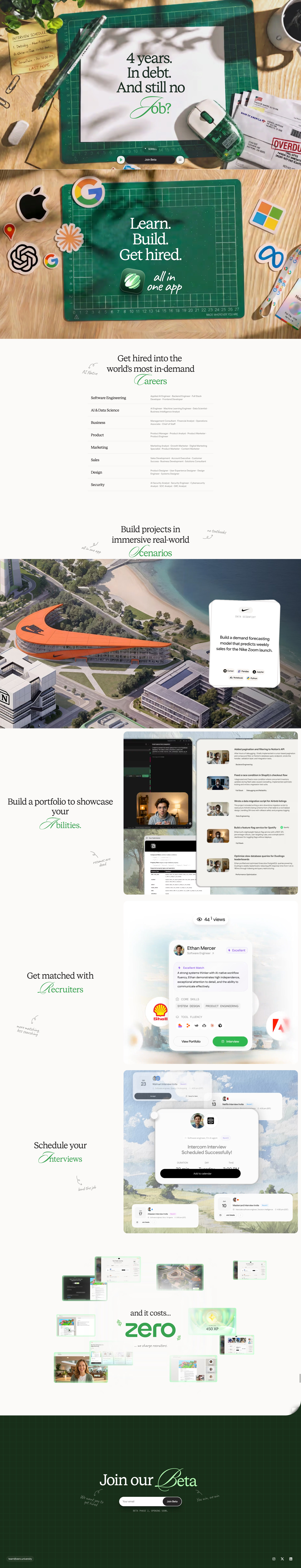 Zero Landing Page Example: An all-in-one app to get hired into the world's most in-demand careers. Build real projects in immersive, AI-native experiences — no textbooks, no debt. Beta members get a guaranteed interview.