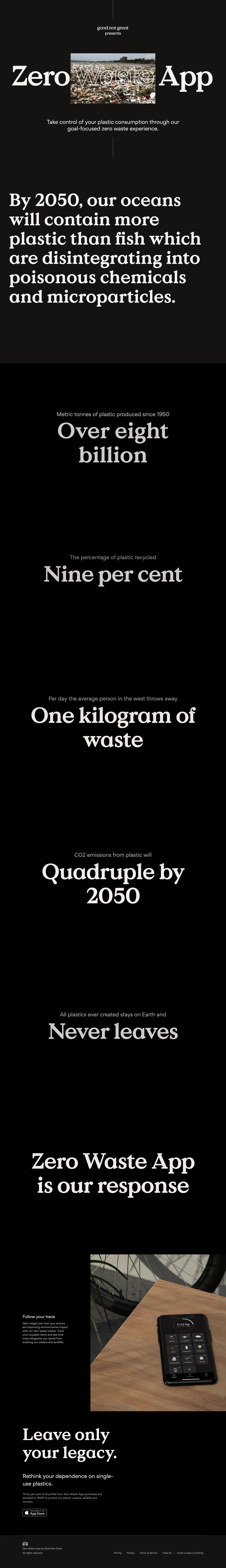 Zero Waste App Landing Page Example: Take control of your plastic consumption through our goal-focused zero waste experience.