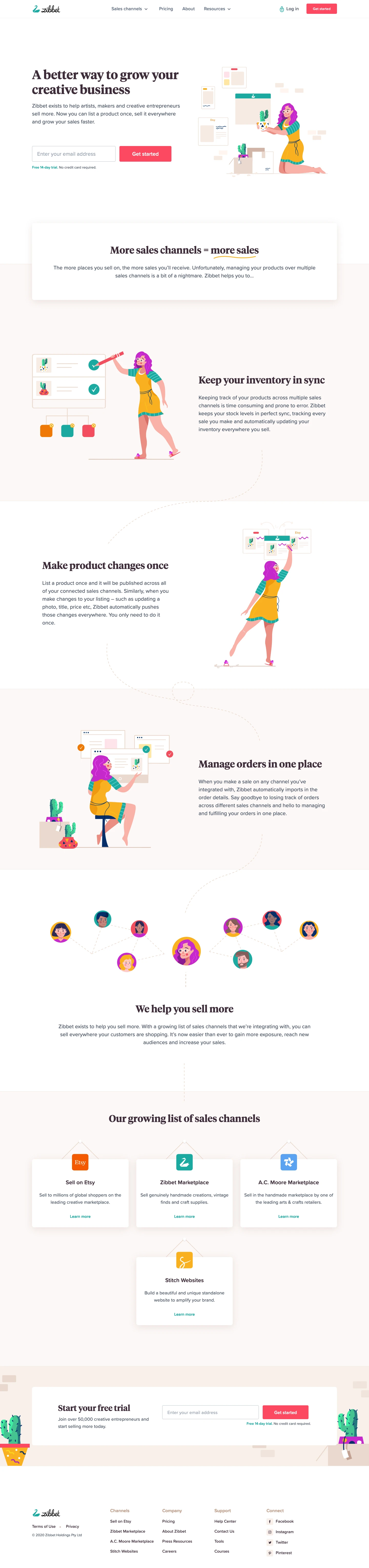 Zibbet Landing Page Example: A better way to grow your creative business. Zibbet exists to help artists, makers and creative entrepreneurs sell more. Now you can list a product once, sell it everywhere and grow your sales faster.