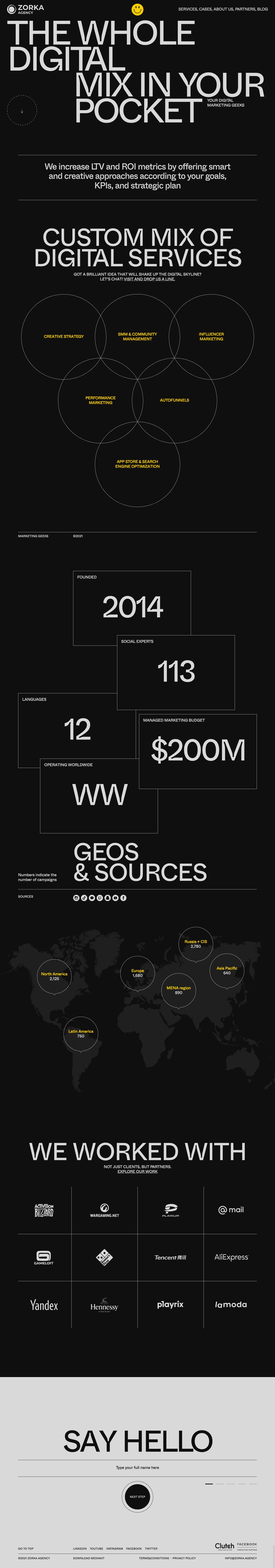 Zorka Landing Page Example: Your digital marketing geeks. We increase LTV and ROI metrics by offering smart and creative approaches according to your goals, KPIs, and strategic plan!