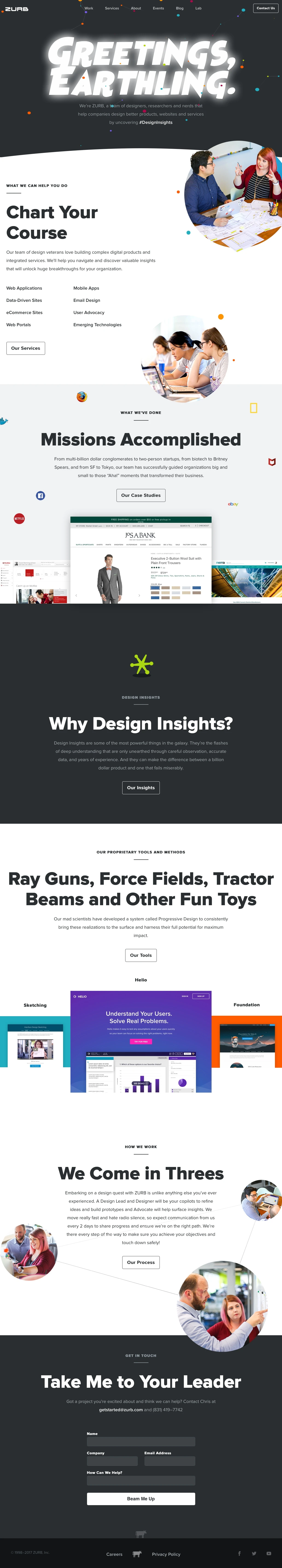 ZURB Landing Page Example: We’re ZURB, a team of designers, researchers and nerds that help companies design better products, websites and services