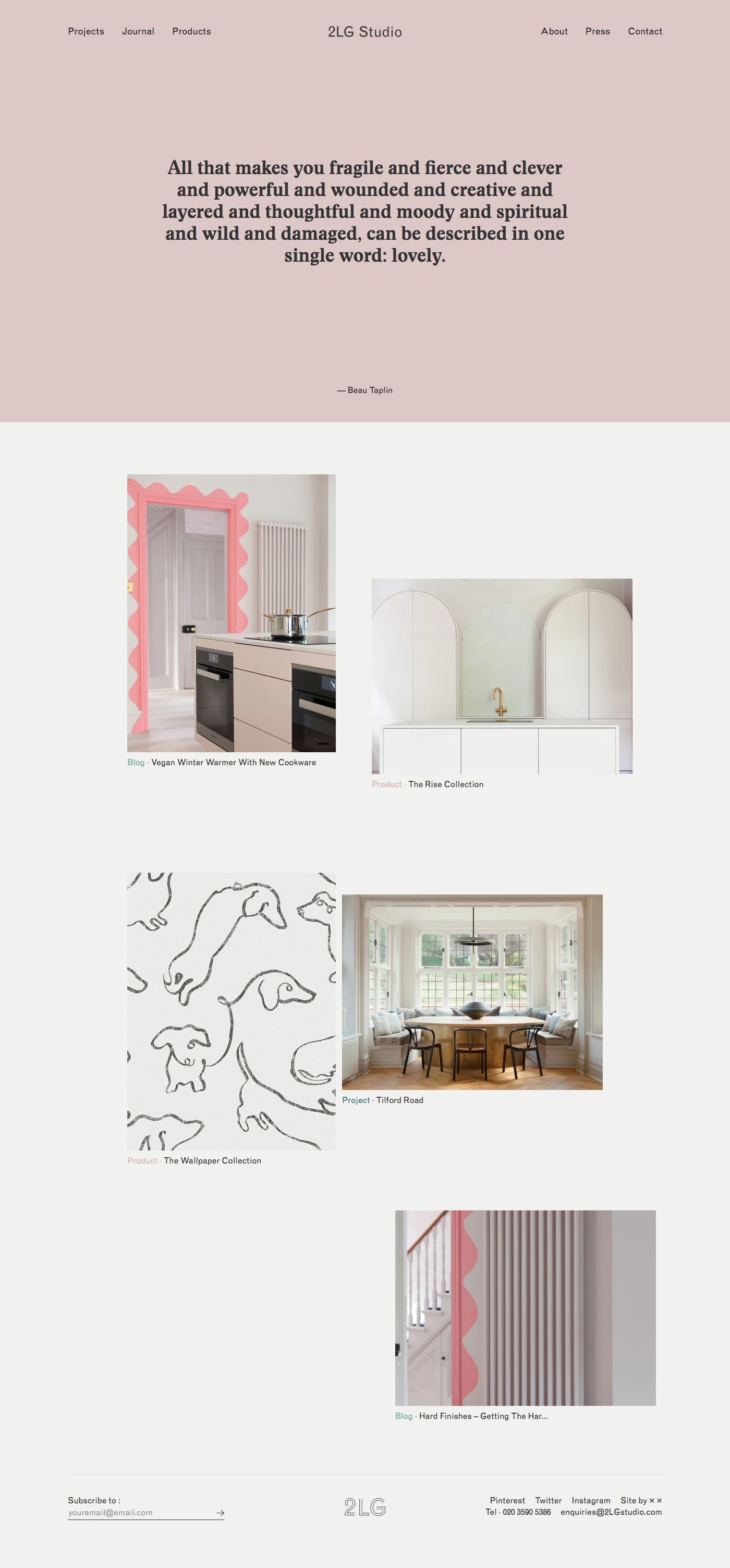 2LG Studio Landing Page Example: 2LG is an Interior Design Studio, based in South East London, founded by creative duo, Jordan Cluroe and Russell Whitehead. 2LG studio offers residential and commercial Interior design services, design consultancy services and styling services.