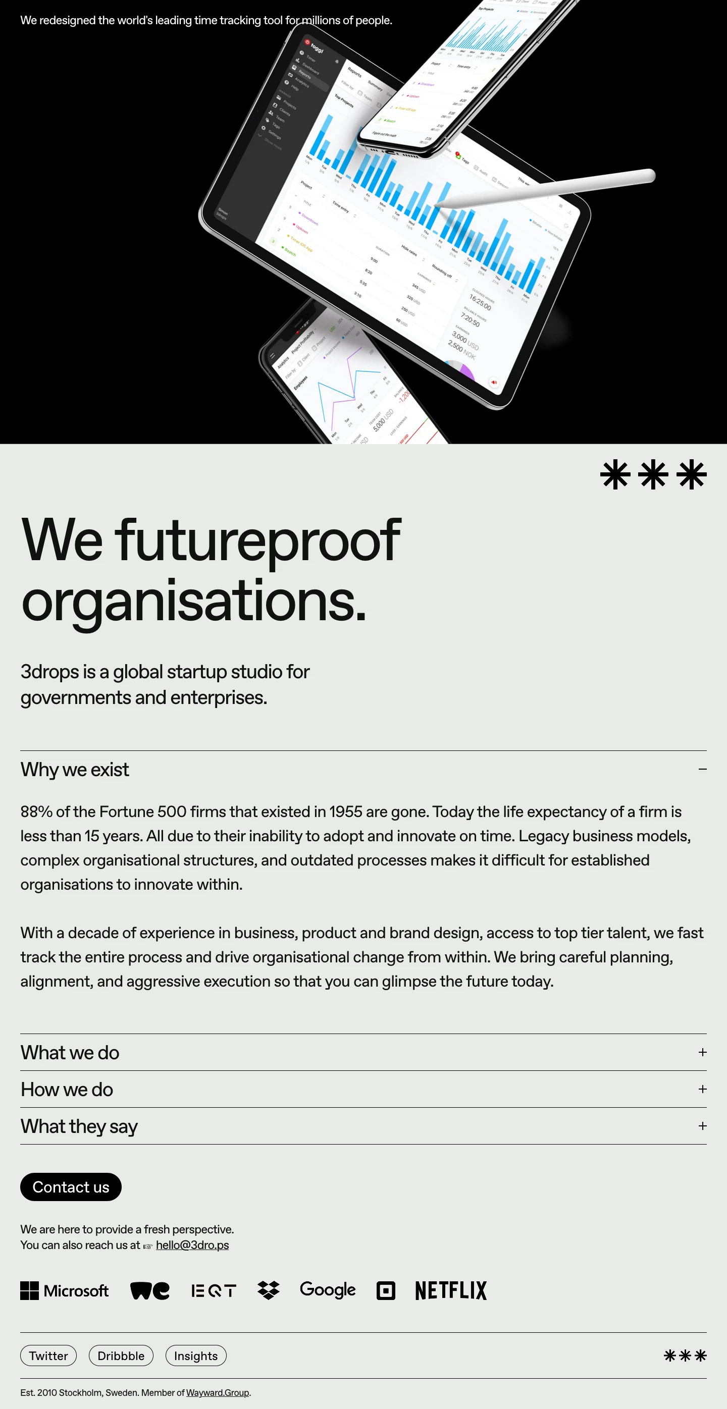 3drops Landing Page Example: We futureproof organisations. 3drops is a global startup studio for governments and enterprises.