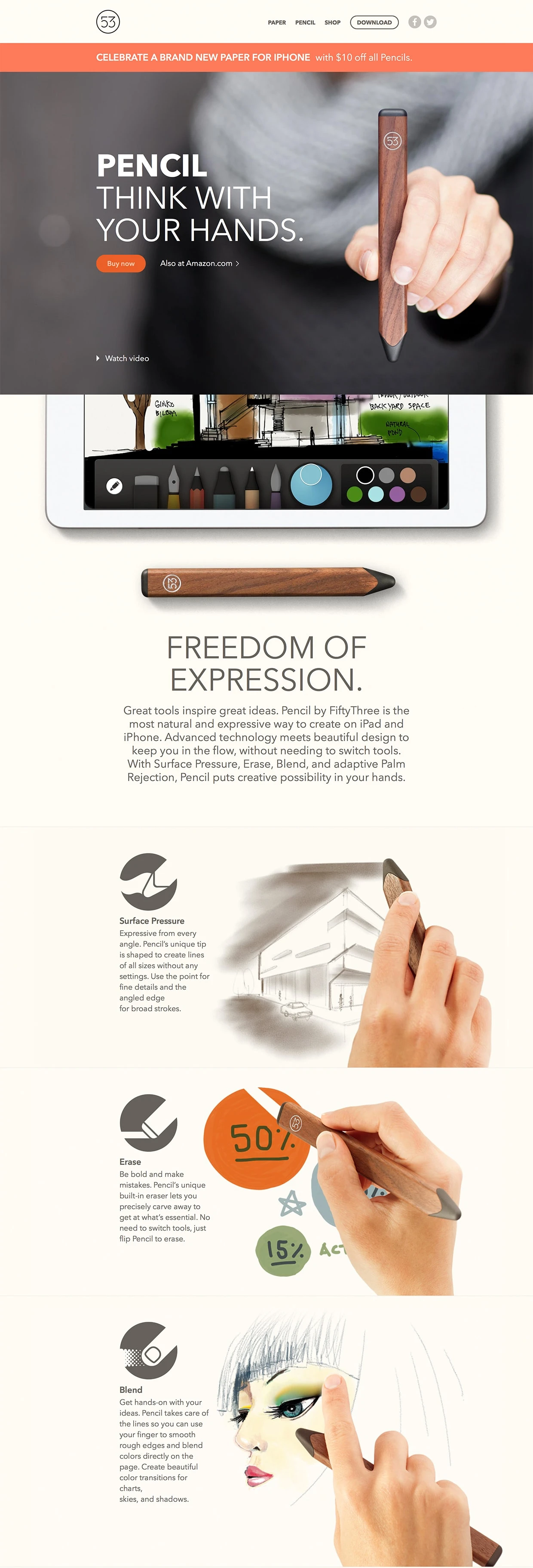 Pencil by FiftyThree Landing Page Example: Pencil by FiftyThree is a revolutionary stylus for touch-screen devices. Use Pencil with Paper to express your ideas beautifully and easily.