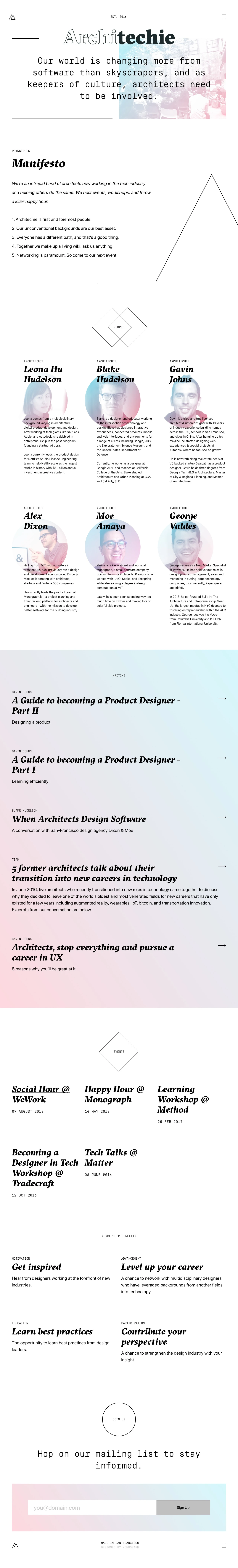 Architechie Landing Page Example: We're an intrepid band of architects now working in the tech industry and helping others do the same. We host events, workshops, and throw a killer happy hour.