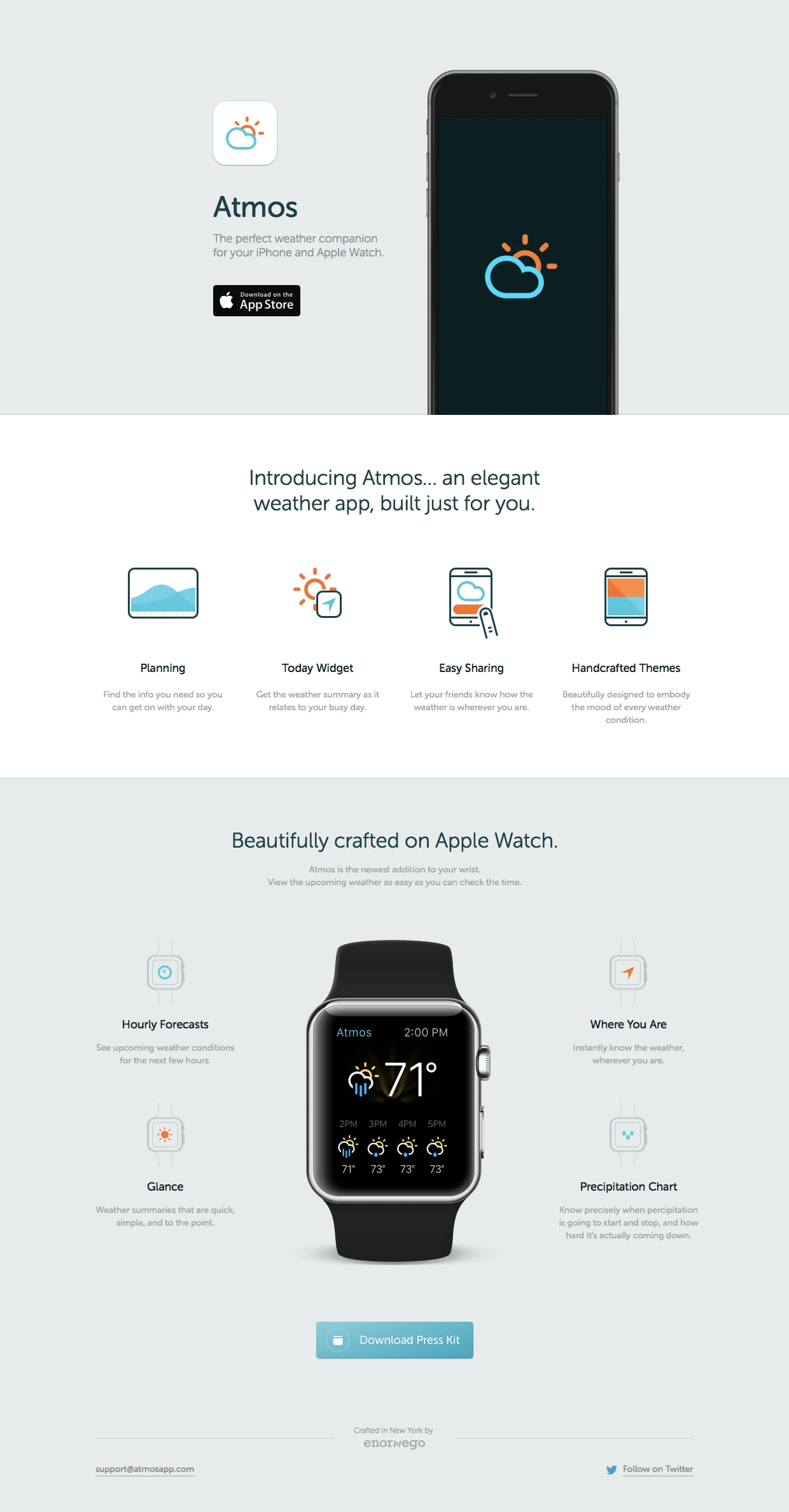 Atmos Landing Page Example: Atmos is an easy to use and stunningly beautiful weather app for your iPhone and Apple Watch. Atmos has been carefully crafted to bring the most vital weather data to you in the most user friendly way possible so you can get what you need and get on with your day. 
