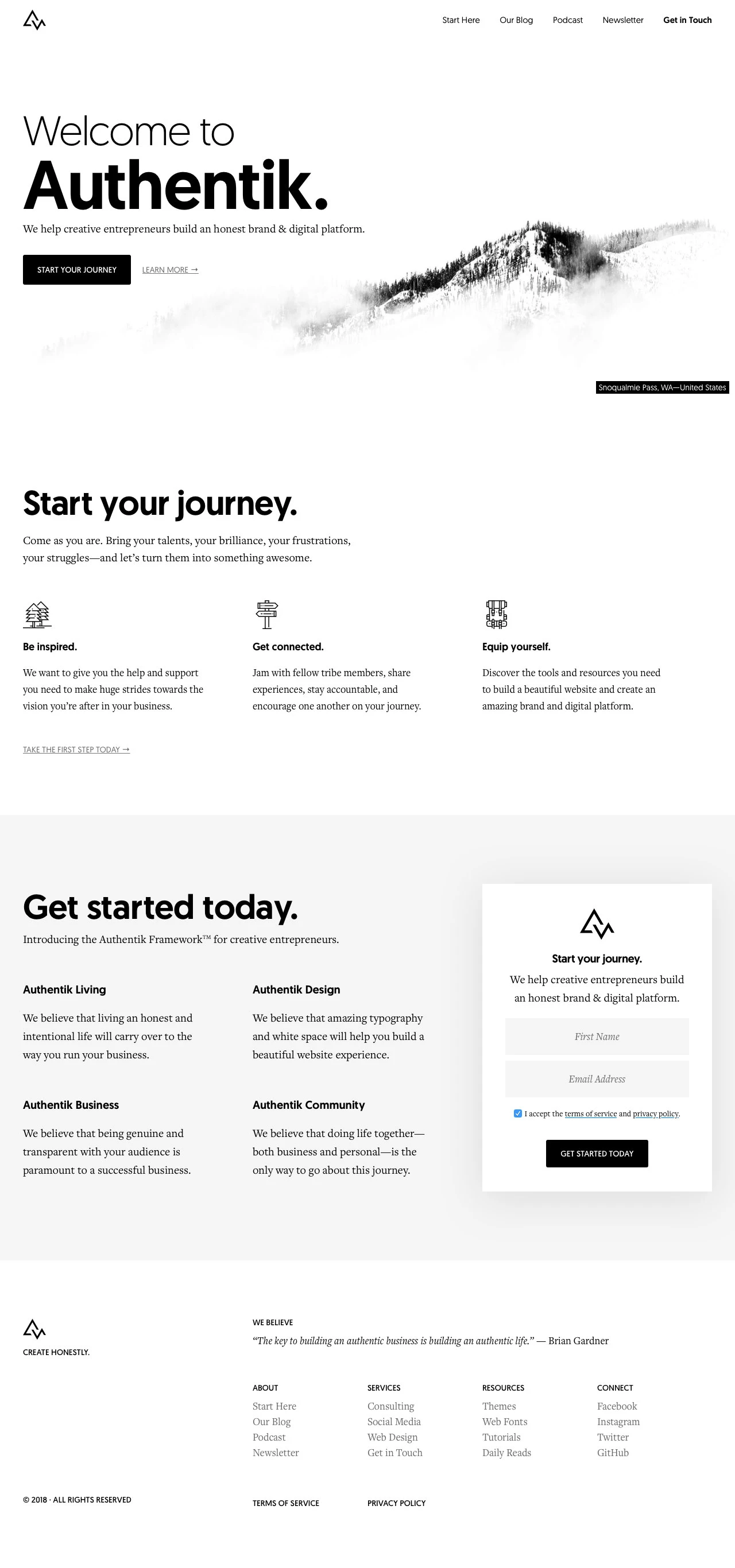 Authentik Landing Page Example: We help creative entrepreneurs build an honest brand & digital platform.