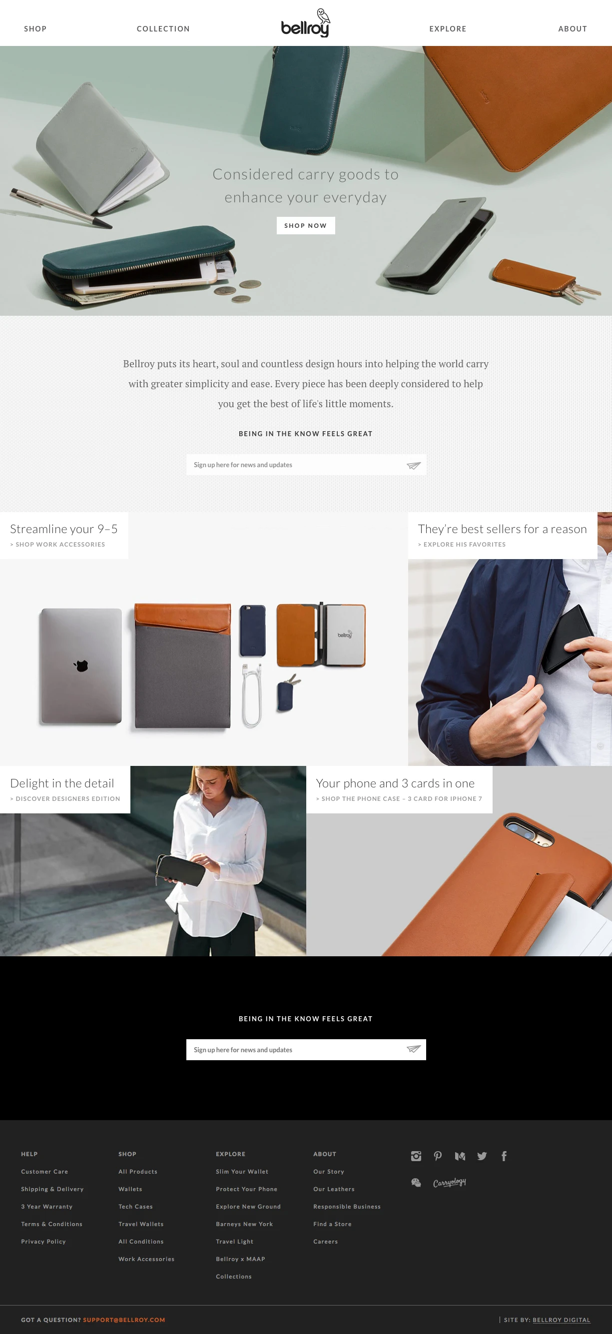 Bellroy Landing Page Example: Bellroy puts its heart, soul and countless design hours into helping the world carry with simplicity and ease. Every piece has been deeply considered, for the best of life's little moments.