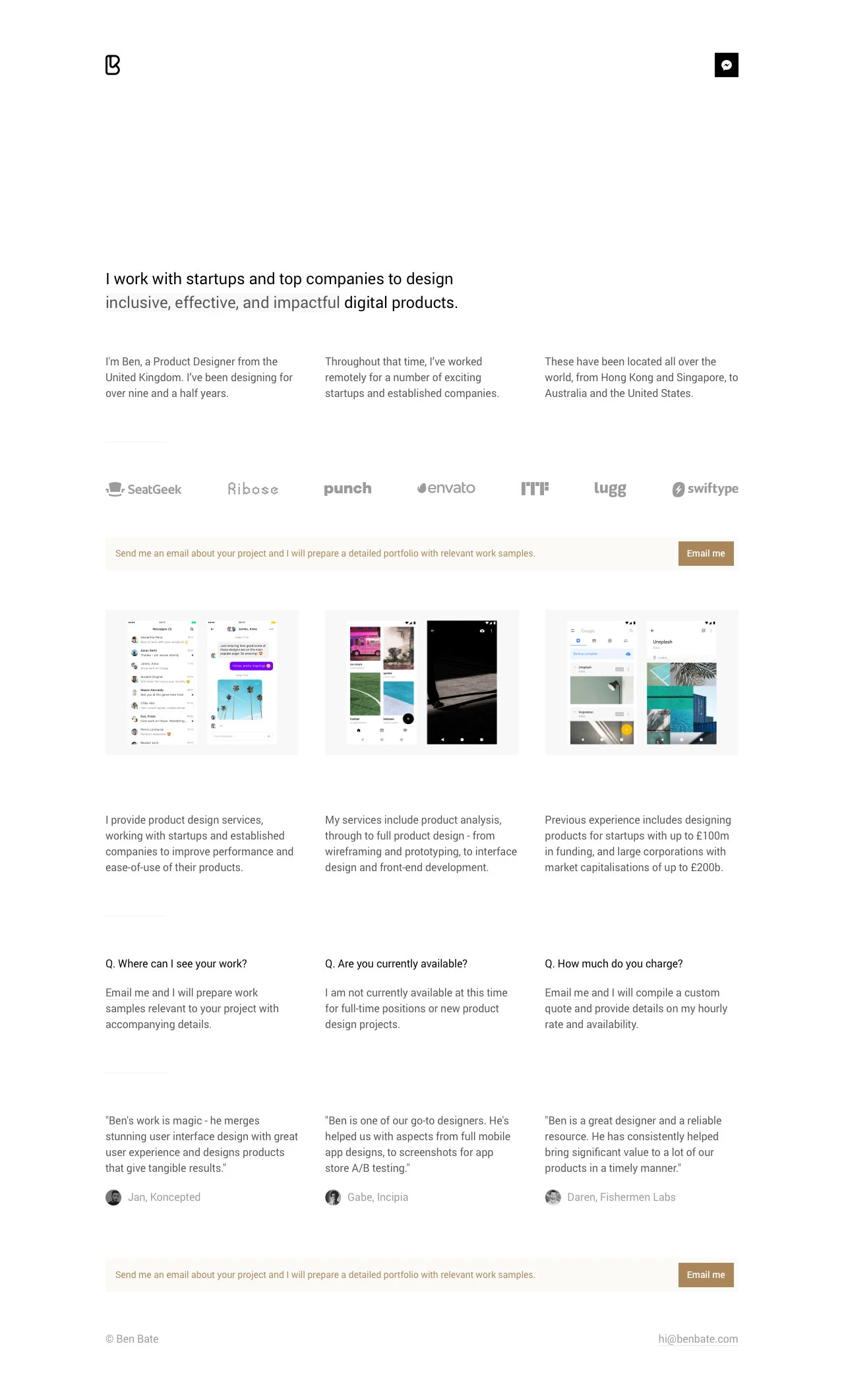 Ben Bate Landing Page Example: I work with startups and top companies to design inclusive, effective, and impactful digital products.