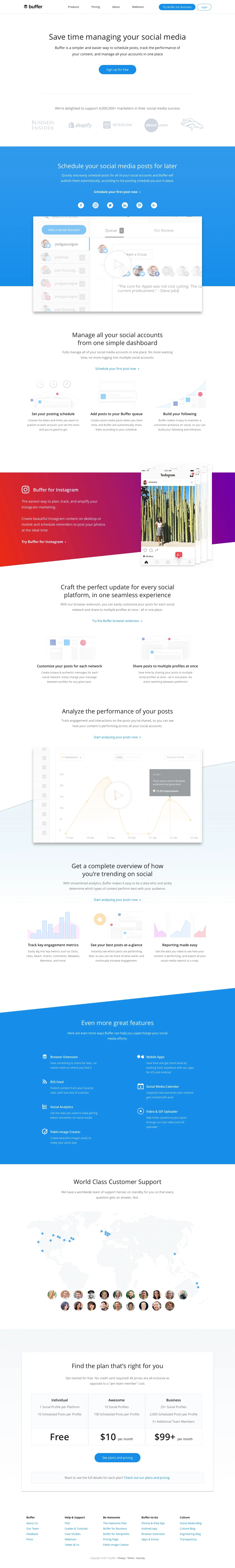 Buffer Landing Page Example: Buffer is a simpler and easier way to schedule posts, track the performance of your content, and manage all your accounts in one place