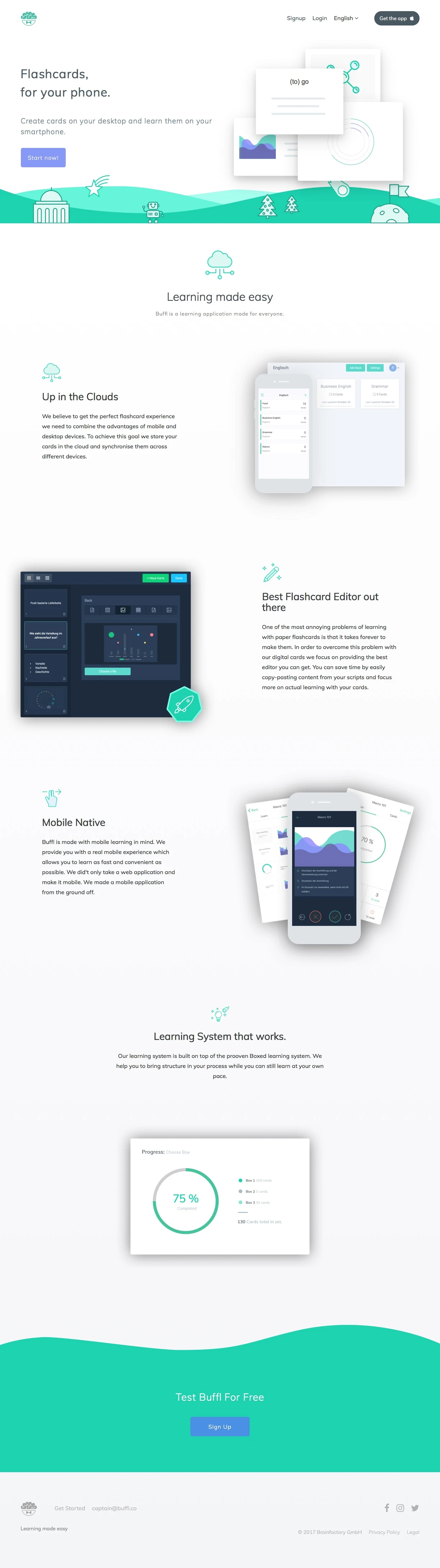 Buffl Landing Page Example: Create cards on your desktop and learn them on your smartphone.