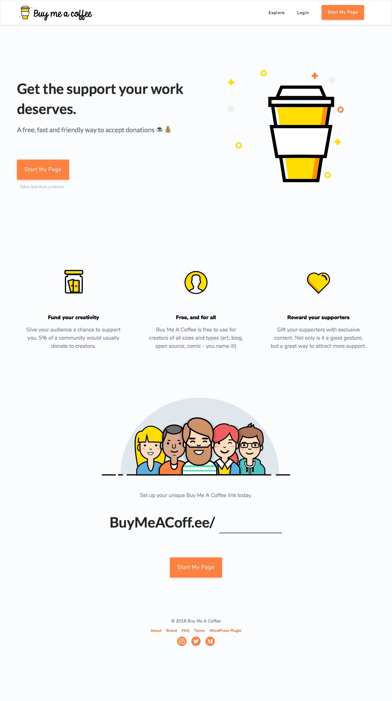 Buy Me A Coffee Landing Page Example: BuyMeACoffee is a free platform for creators to get Buy Me A Coffee support page and button for your art, blog, music etc.