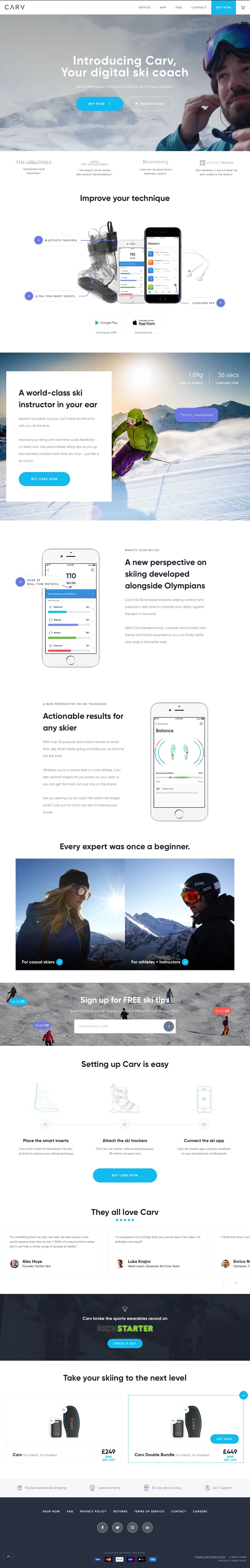 Carv Landing Page Example: Real-time audio instruction and ski technique analysis.