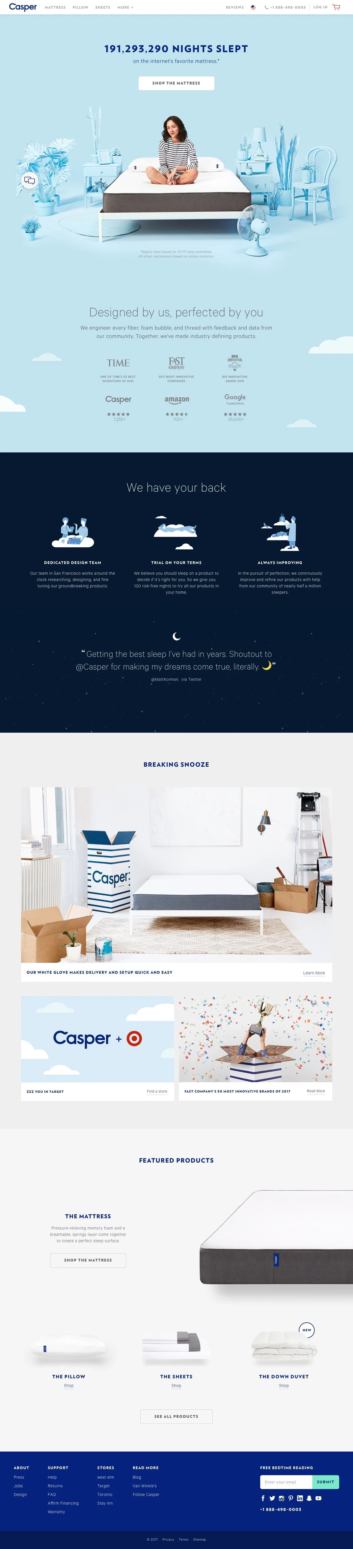 Casper Landing Page Example: An obsessively engineered mattress at a shockingly fair price. Try sleeping on a Casper for 100 days, with free delivery and painless returns.