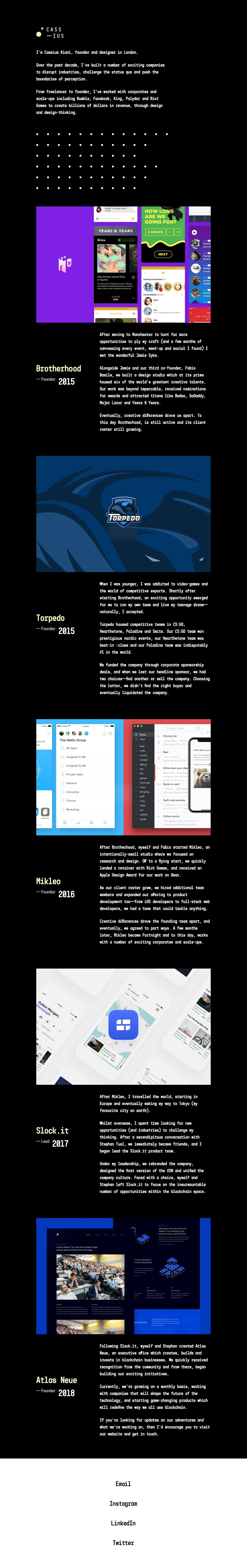 Cassius Kiani Landing Page Example: From freelancer to founder, I've worked with corporates and scale-ups including Bumble, Facebook, King, Polydor and Riot Games to create billions of dollars in revenue, through design and design-thinking.