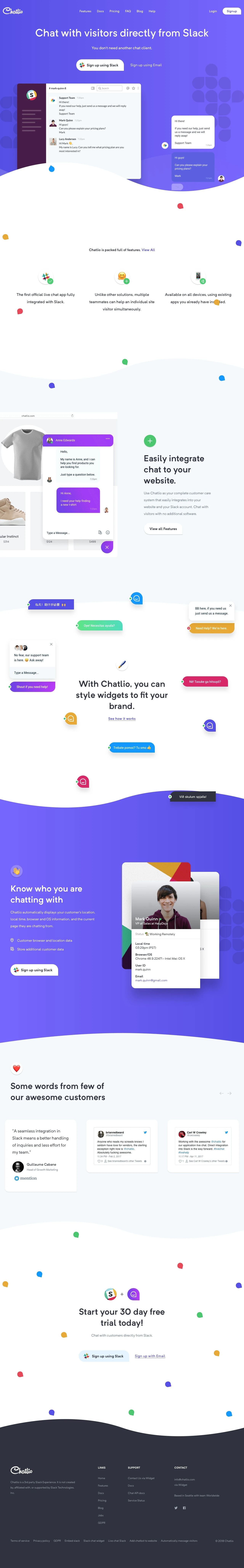 Chatlio Landing Page Example: Chat with your website visitors directly from Slack. You don’t need another chat client to talk to your customers.  Simple one minute install.
