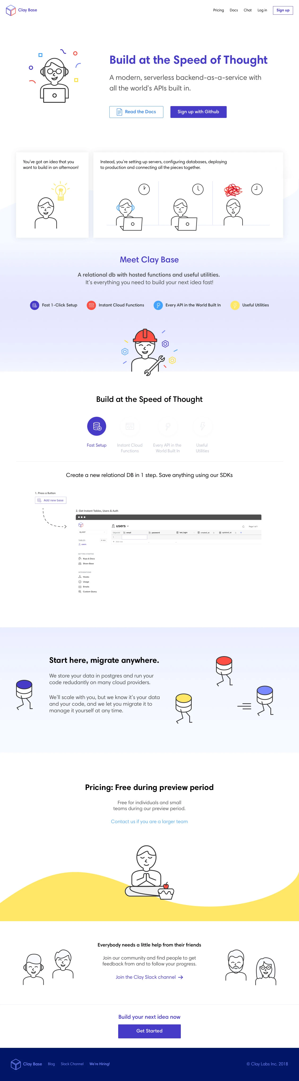 Clay Base Landing Page Example: A modern, serverless backend-as-a-service with all the world's APIs built in.