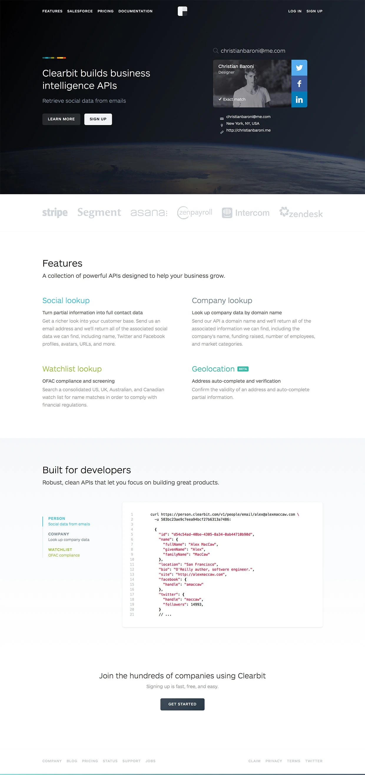 Clearbit Landing Page Example: Clearbit provides Business Intelligence APIs