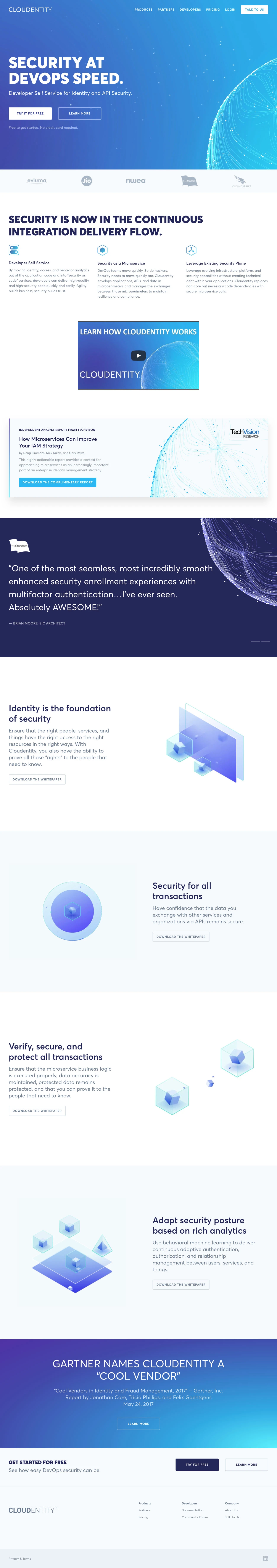 Cloudentity Landing Page Example: DevOps teams moves fast, but so do hackers. You need cloud security that can keep up. Cloudentity creates microperimeters around applications, data, and APIs and provides next-level cloud identity management services.