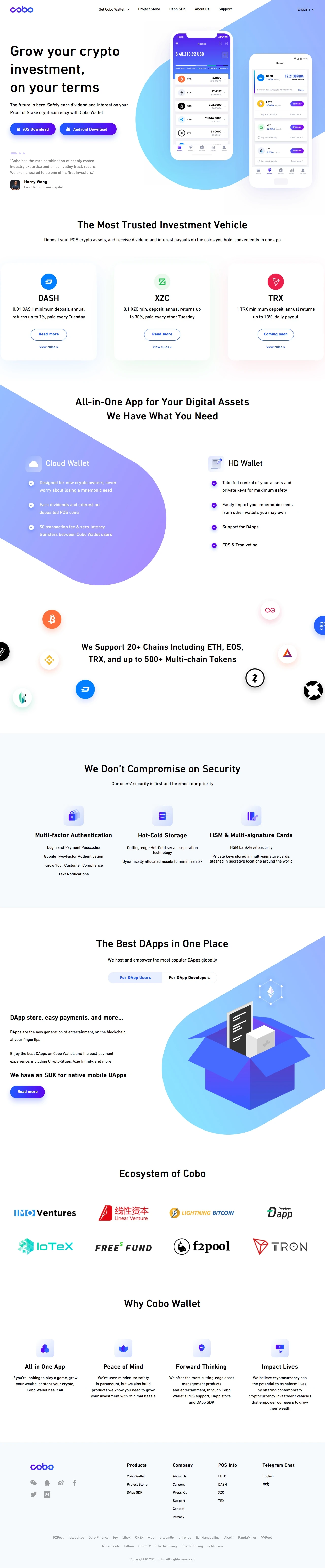 Cobo Wallet Landing Page Example: Cobo Wallet is a leading cryptocurrency wallet on iOS, Android. Supports Bitcoin, Ethereum, Litecoin, EOS, DASH, Zcoin, LBTC and other cryptocurrencies.