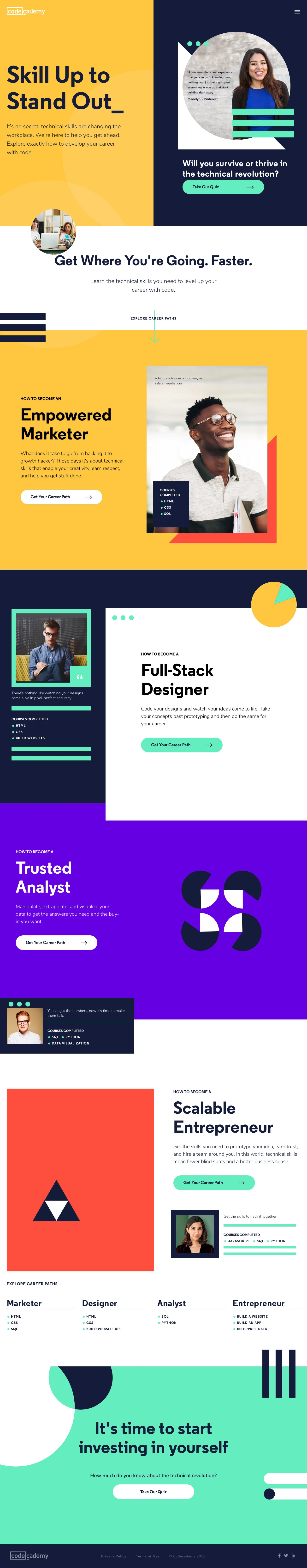 Codecademy Landing Page Example: Skill up and stand out. Discover how learning to code can impact your career and learn exactly where to start.