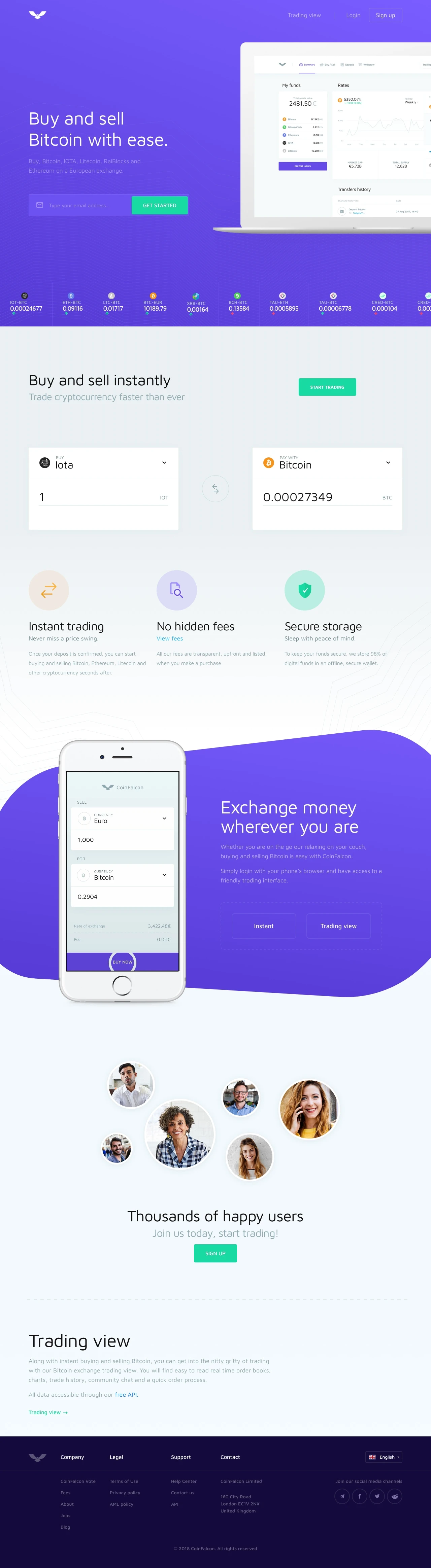 CoinFalcon Landing Page Example: Buy and sell Bitcoin, IOTA, Litecoin, Ethereum and other cryptocurrency on a trusted European exchange, with ease.u