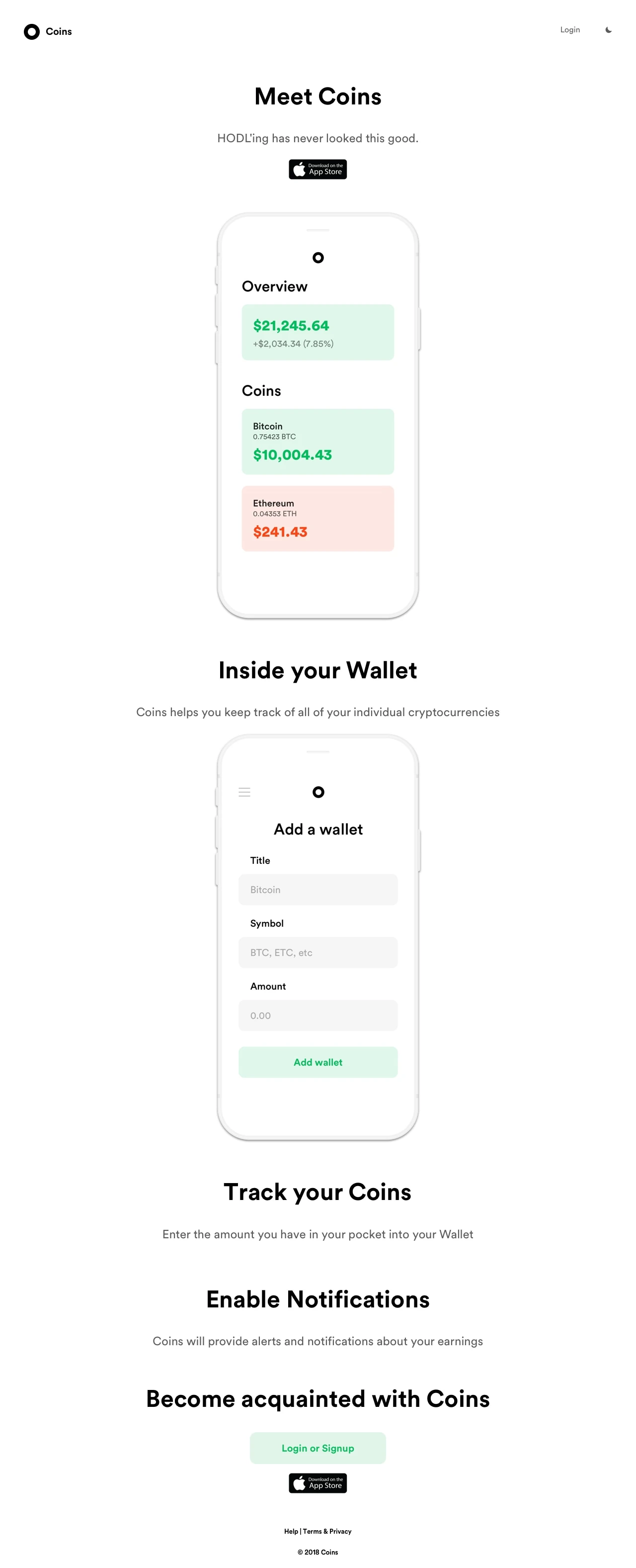 Coins Landing Page Example: Coins helps you keep track of all of your individual cryptocurrencies.