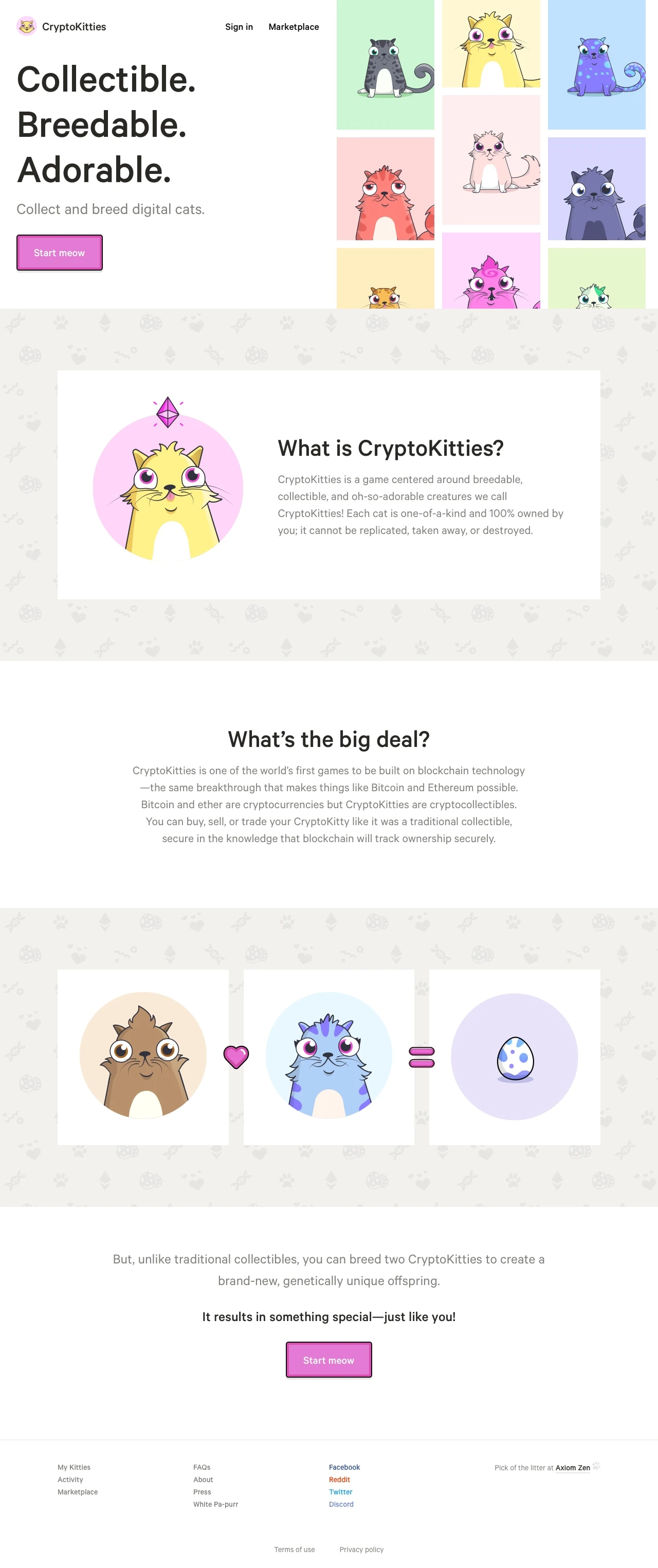 CryptoKitties Landing Page Example: Collect and trade CryptoKitties in one of the world's first blockchain games. Breed your rarest cats to create the purrfect furry friend. The future is meow!