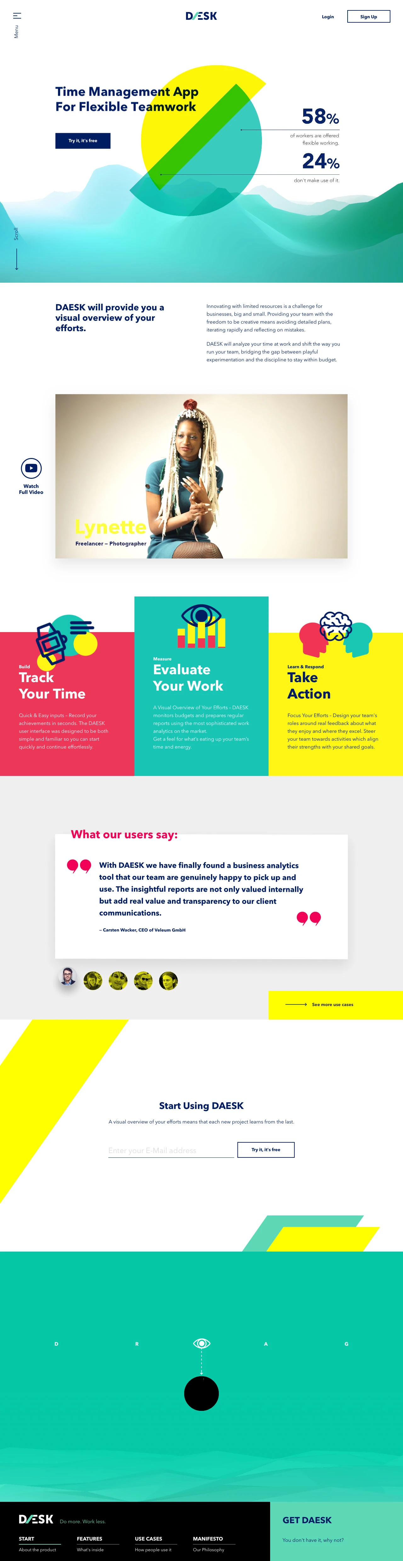 DAESK Landing Page Example: DAESK is a visual overview of your efforts. DAESK will analyze your time at work and shift the way you run your team, bridging the gap between playful experimentation and the discipline to stay within budget.