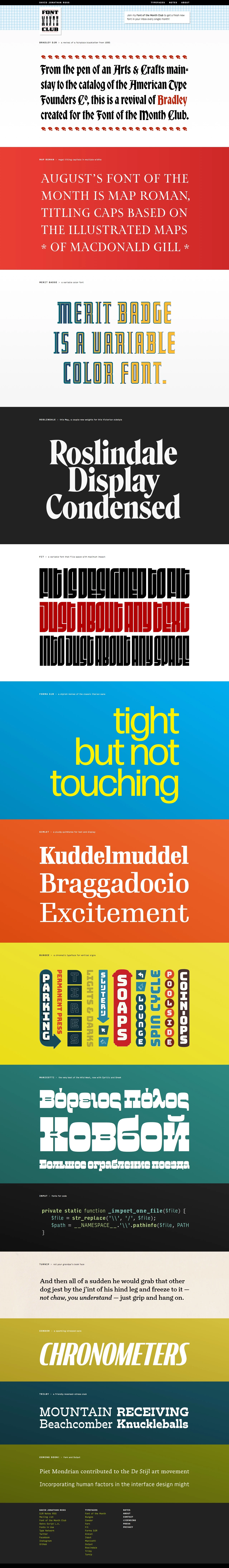 David Jonathan Ross Landing Page Example: The type foundry of David Jonathan Ross (DJR), making fonts such as Fit, Forma DJR, Gimlet, Manicotti, Input, Turnip, Condor, Trilby, Fern, and Output.