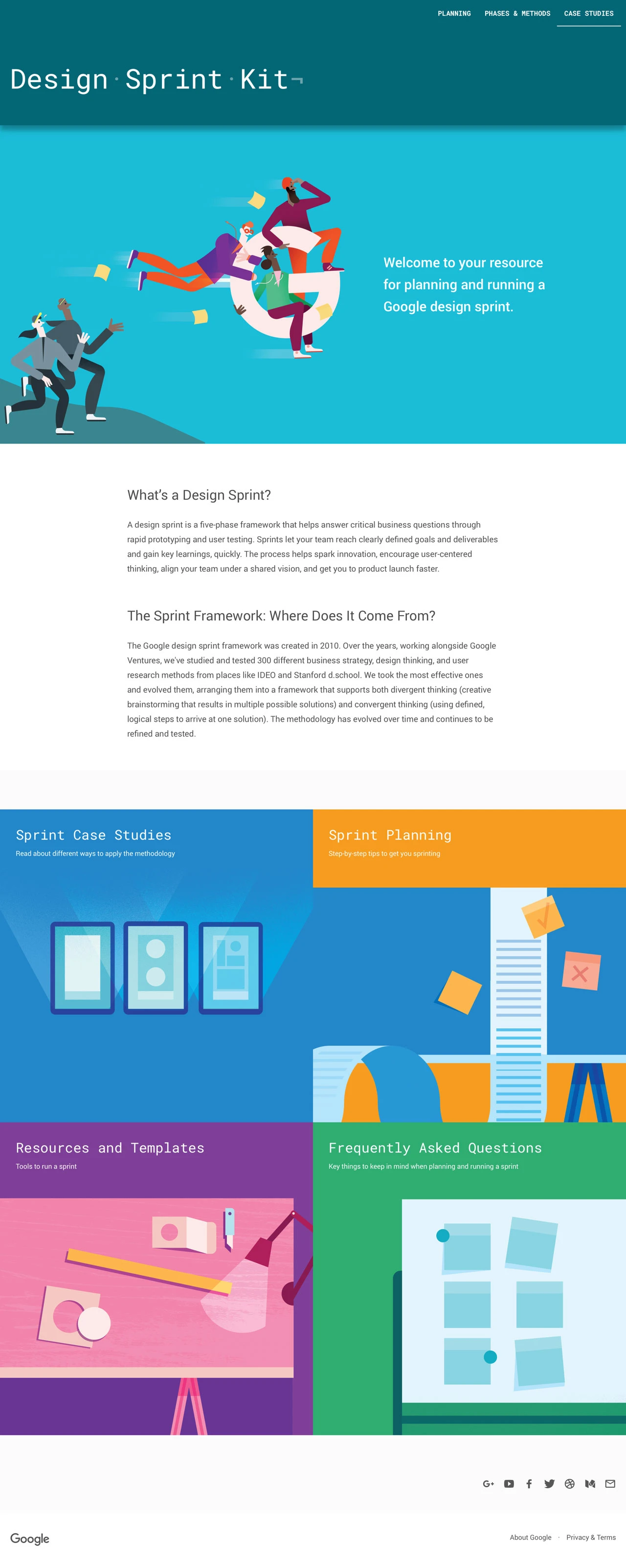 Design Sprint Kit Landing Page Example: The Google design sprint framework was created in 2010. Over the years, working alongside Google Ventures, we've studied and tested 300 different business strategy, design thinking, and user research methods from places like IDEO and Stanford d.school.