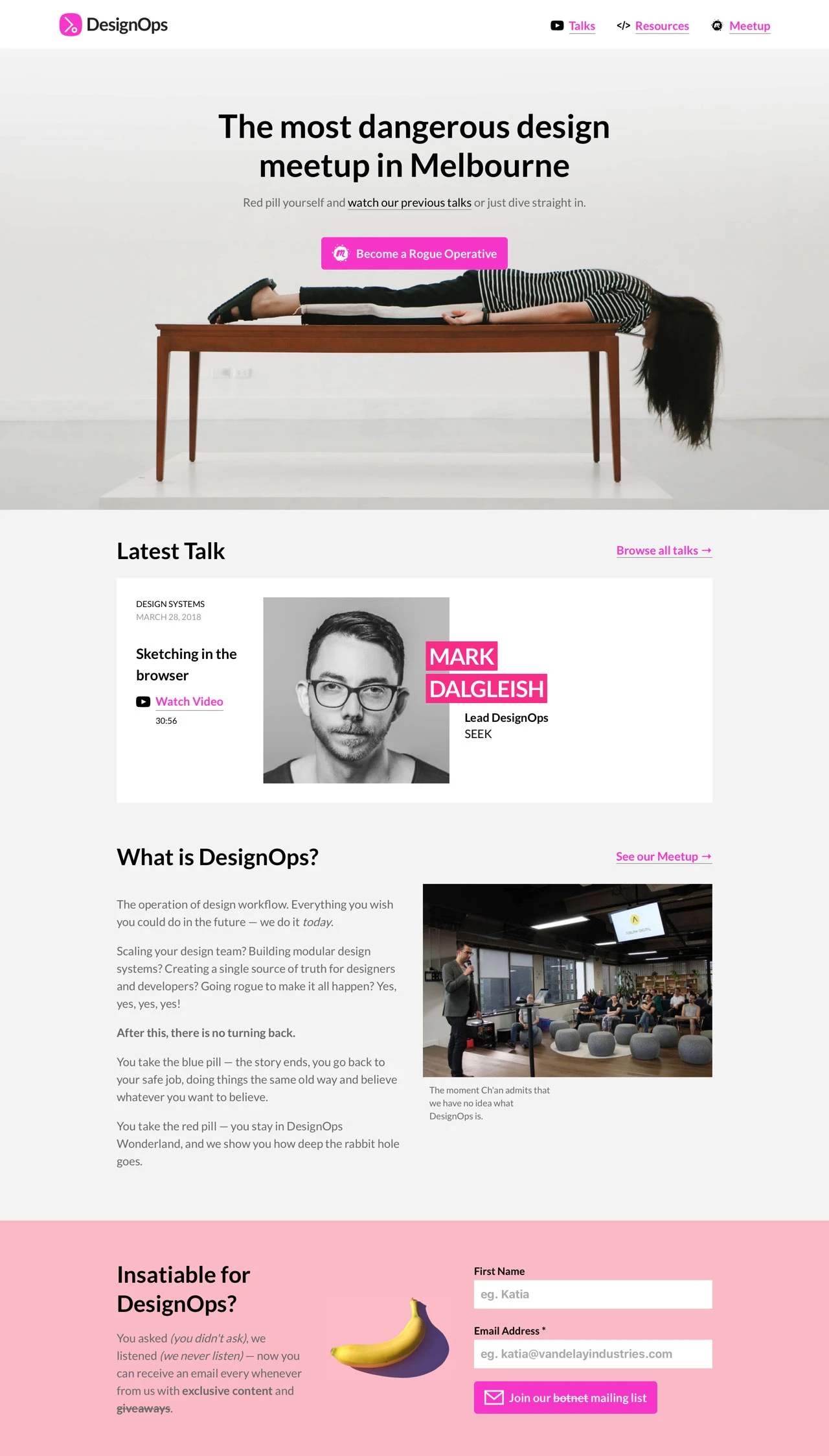 DesignOps Melbourne Landing Page Example: The most dangerous design meetup in Melbourne.