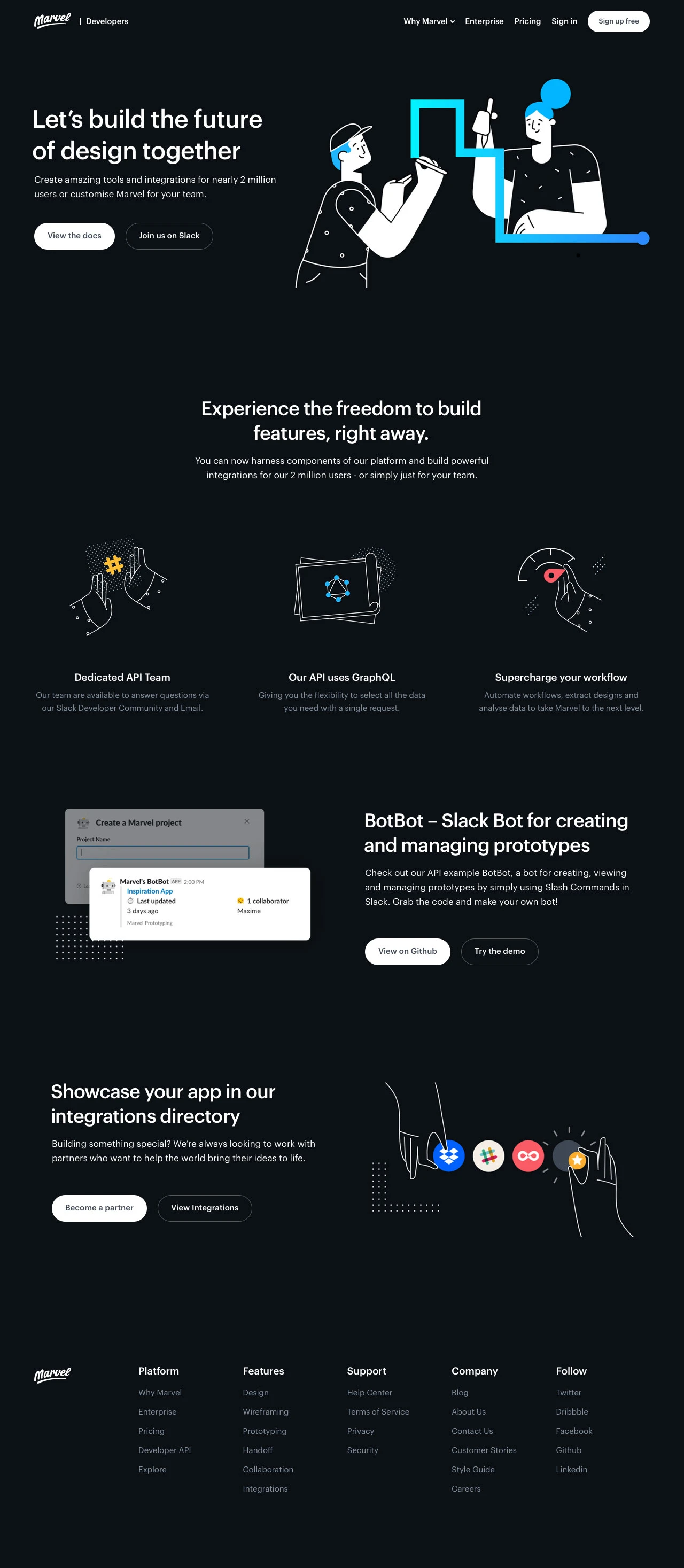 Marvel Developer API Landing Page Example: Harness the power of Marvel and build amazing tools and integrations for nearly 2 million users.