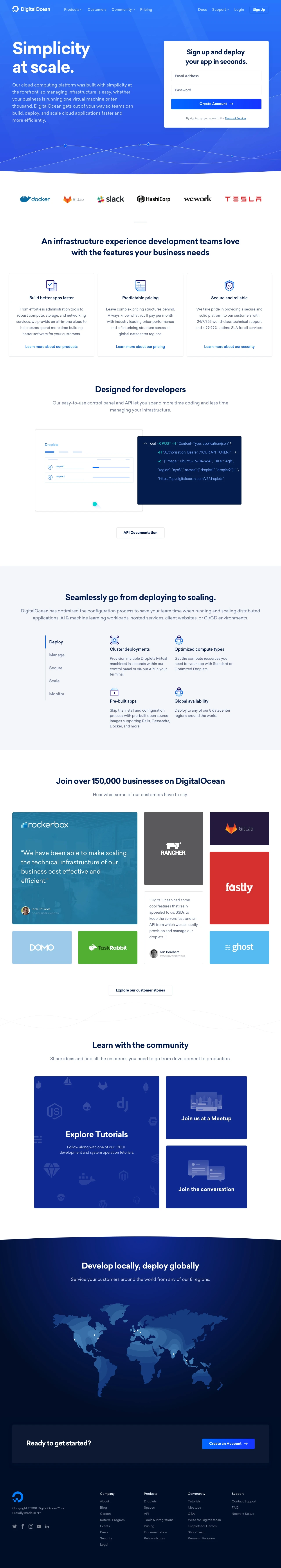 DigitalOcean Landing Page Example: Our cloud computing platform was built with simplicity at the forefront, so managing infrastructure is easy, whether your business is running one virtual machine or ten thousand.