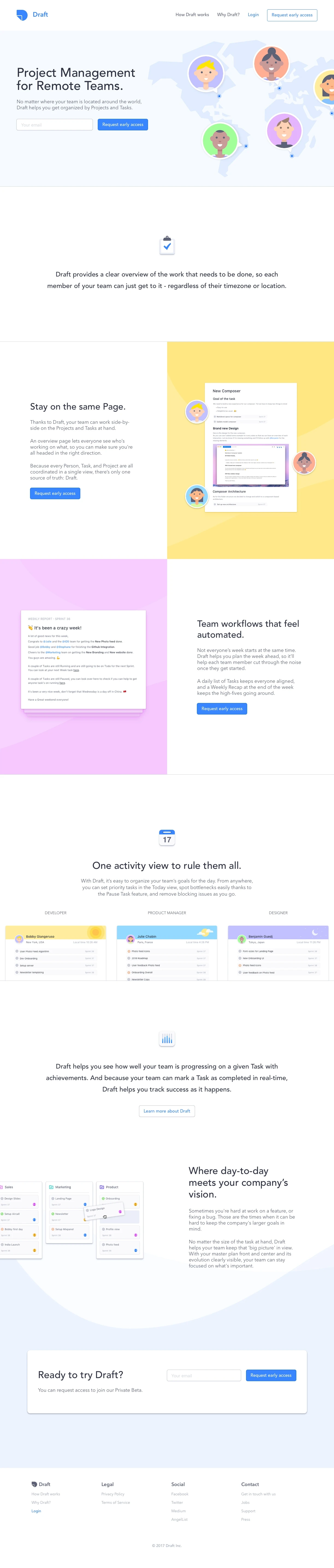 Draft Landing Page Example: Draft is the first Project Management tool built with Remote Teams in mind.