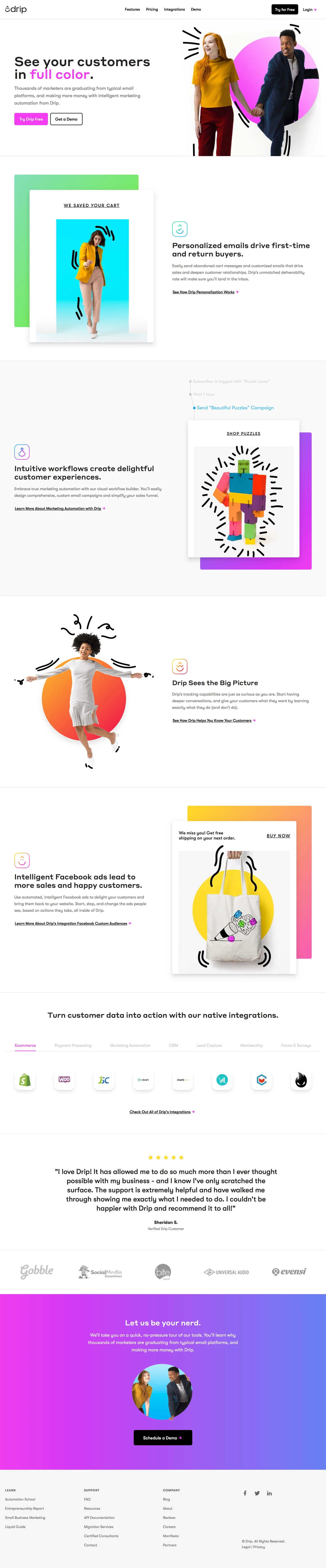 Drip Landing Page Example: Drip is the first ECRM–an Ecommerce CRM designed for building personal and profitable relationships with your customers at scale.