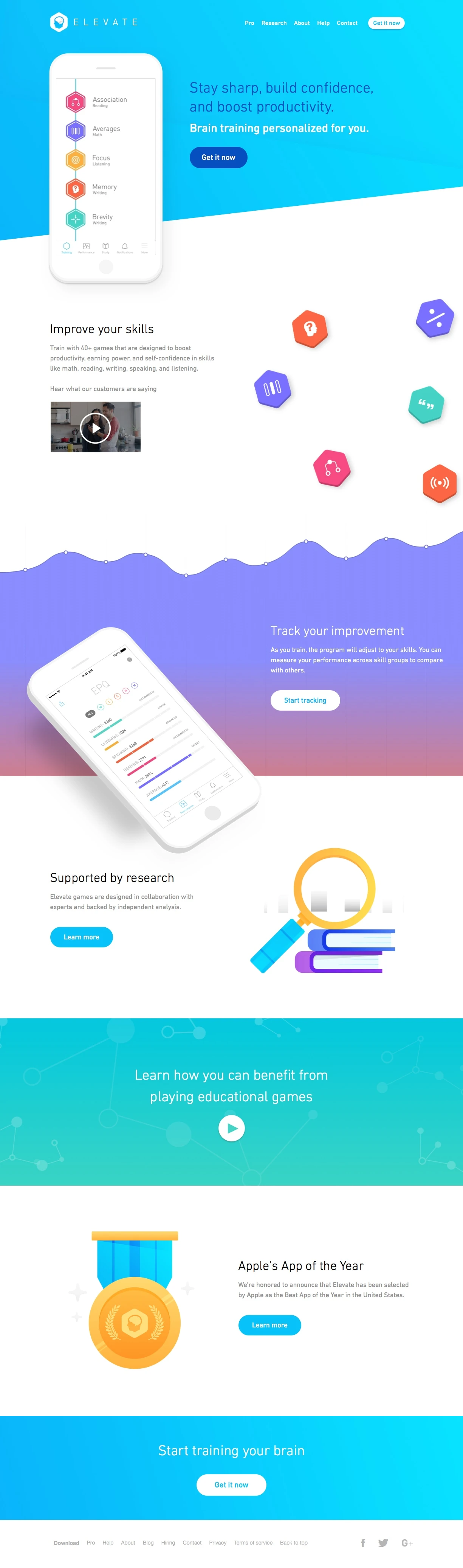 Elevate Landing Page Example: Elevate is a brain training app designed to help you stay sharp, build confidence, and boost productivity. Selected as App of the Year by Apple.