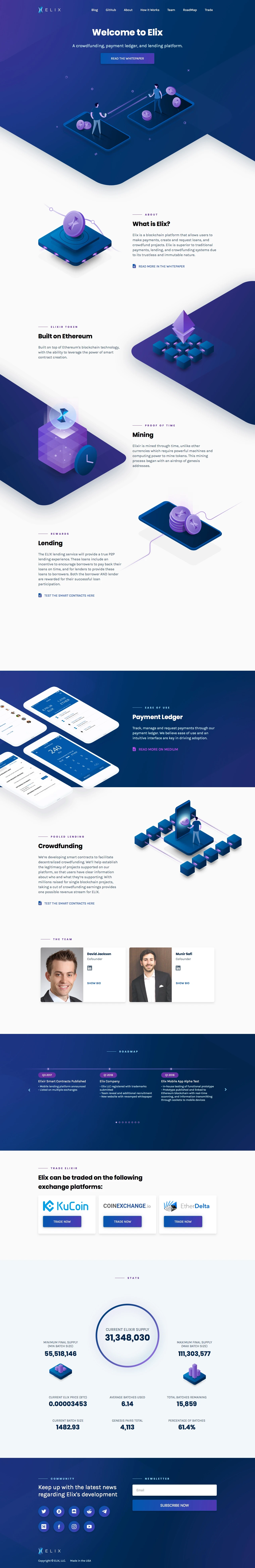 Elix Landing Page Example: Elix is a blockchain platform that allows users to make payments, create and request loans, and crowdfund projects. Elix is superior to traditional payments, lending, and crowdfunding systems due to its trustless and immutable nature.