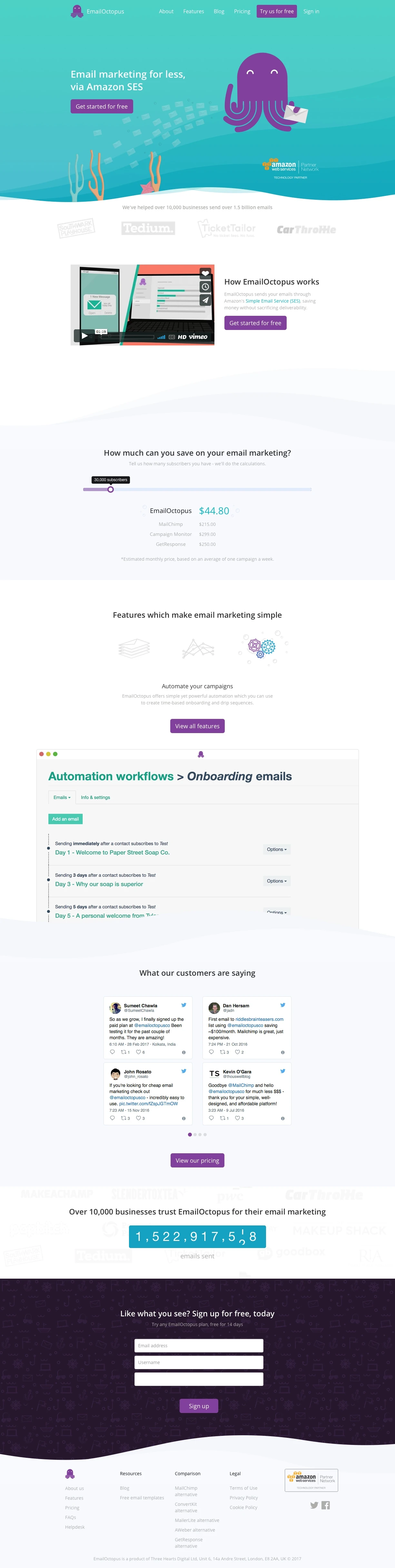 Email Octopus Landing Page Example: Manage and email your subscribers for far cheaper by connecting your Amazon SES account. Powerful analytics, bounce/complaint tracking and more.