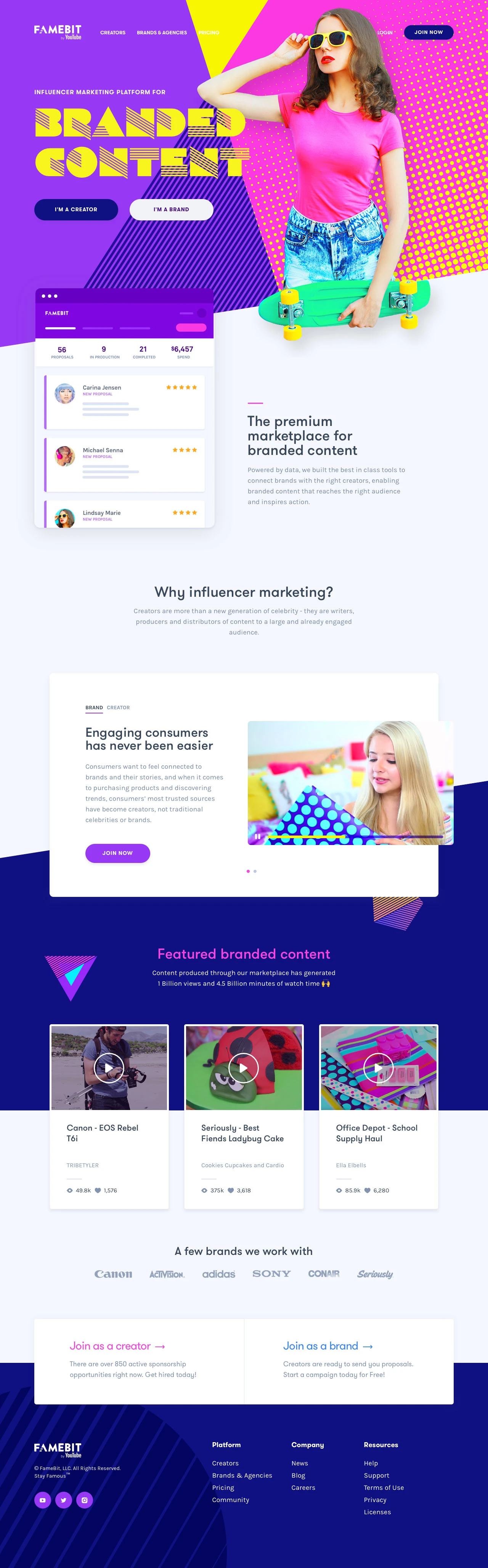 FameBit Landing Page Example: Leading self-service influencer marketing platform where brands and influential creators collaborate for branded content endorsements on YouTube, Instagram, and more.