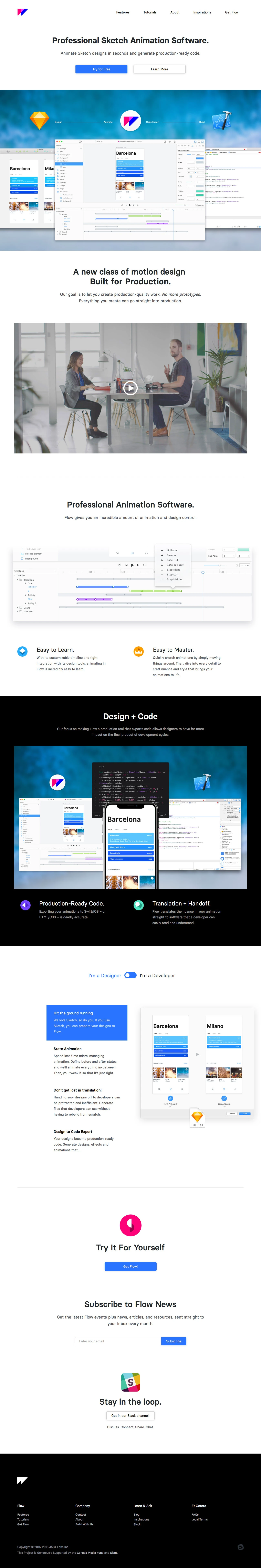 Flow Landing Page Example: Go beyond prototyping - Flow lets you animate designs and export development ready code