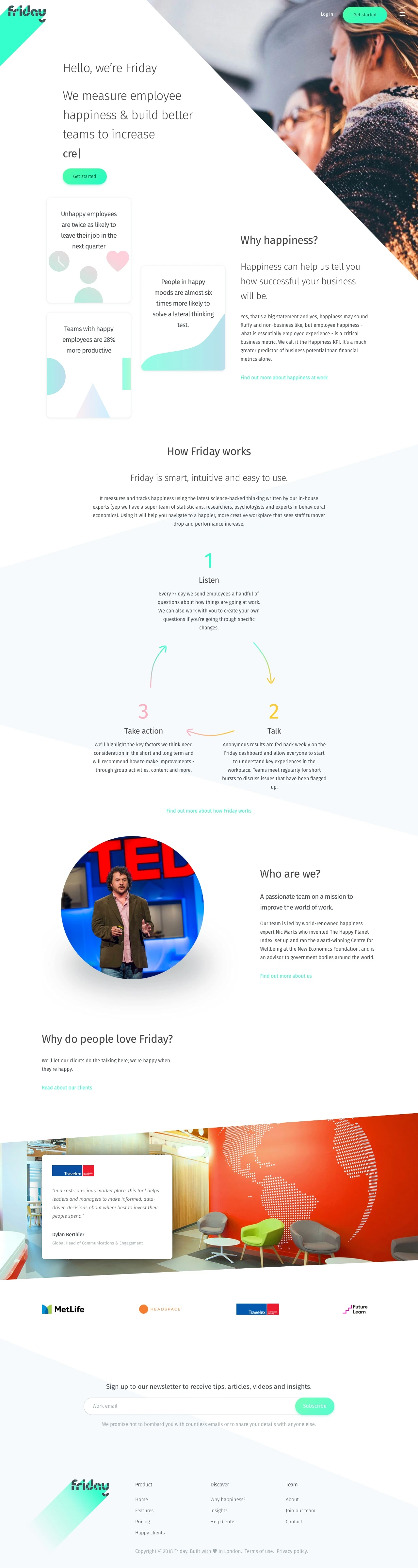 Friday Landing Page Example: We measure employee happiness & build better teams to increase creativity.