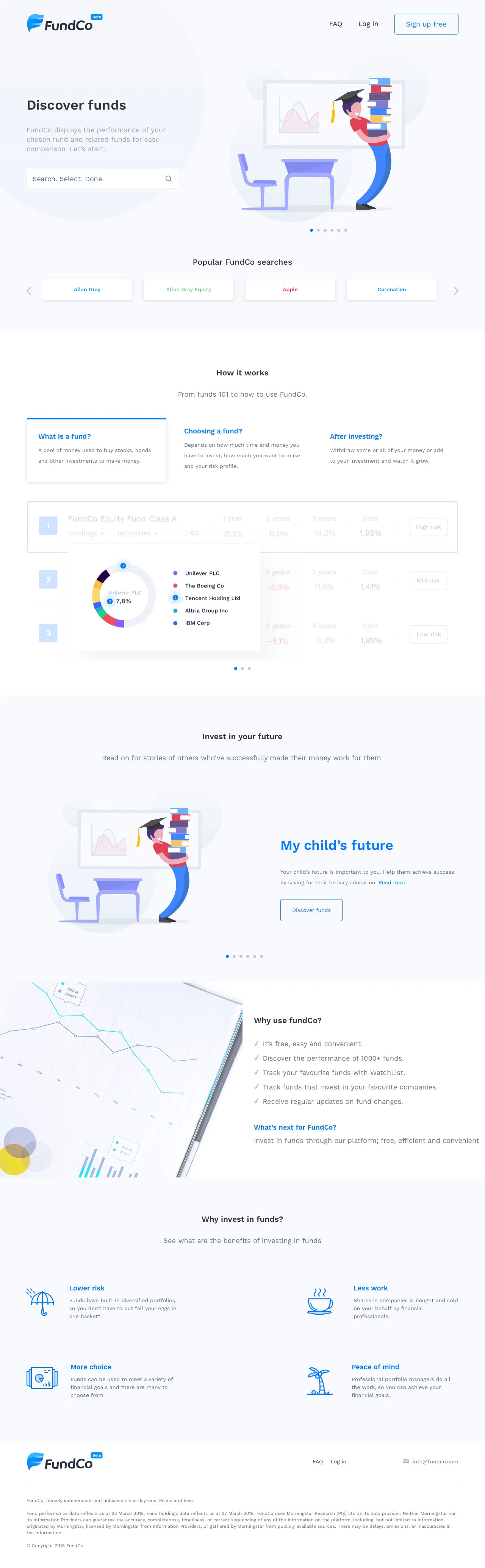 FundCo Landing Page Example: FundCo displays the performance of your chosen fund and related funds for easy comparison.