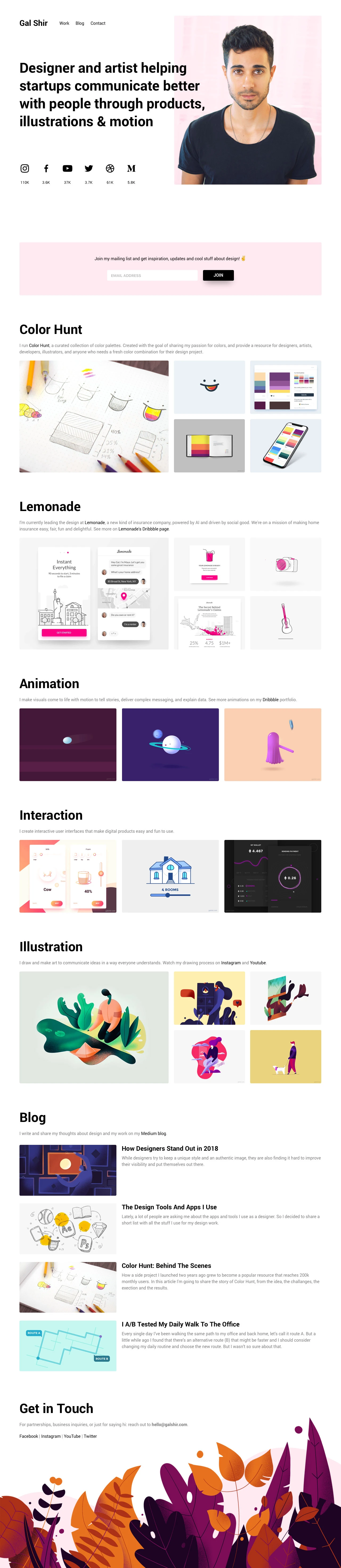 Gal Shir Landing Page Example: Designer and artist helping startups communicate better with people through products, illustrations & motion