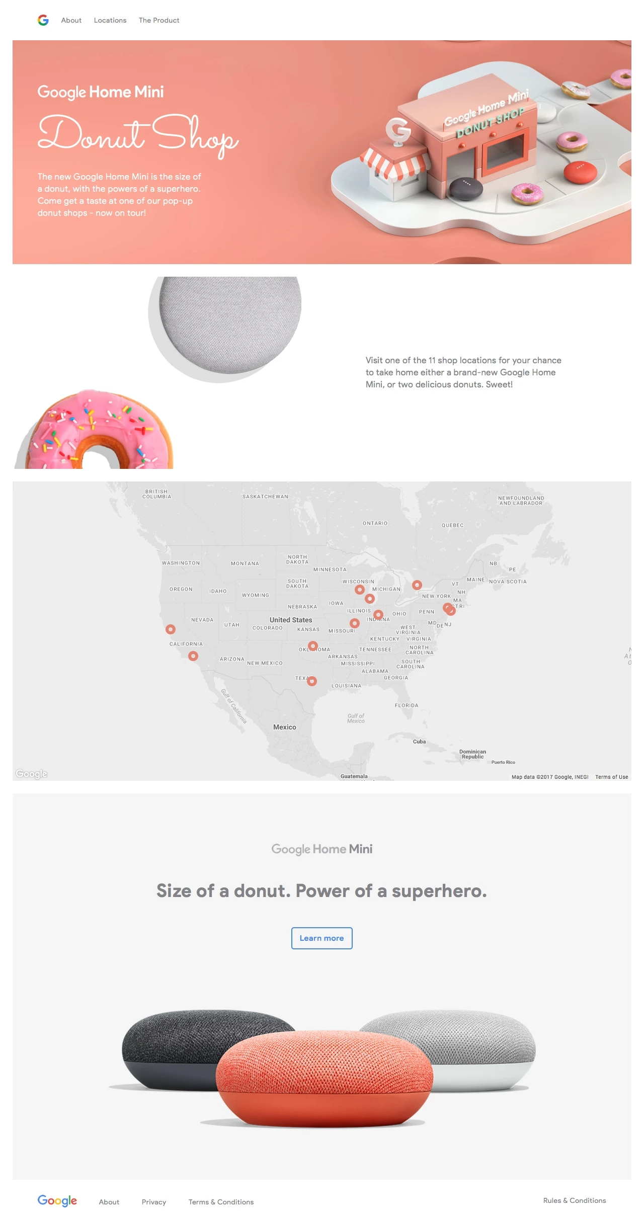 Google Home Mini Donut Shop Landing Page Example: The new Google Home Mini is the size of a donut, with the powers of a superhero. Come get a taste at one of our pop-up donut shops - now on tour!