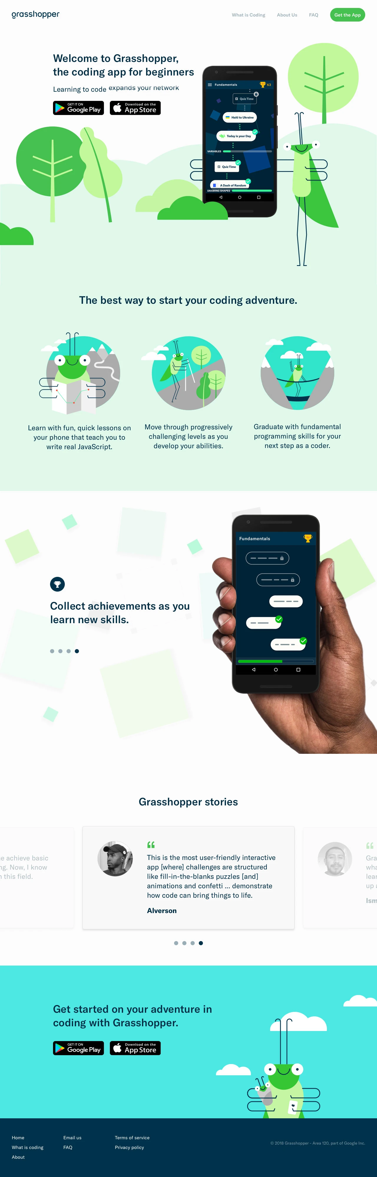 Grasshopper Landing Page Example: Grasshopper is the coding app for beginners. With fun, quick lessons on your phone, the app teaches adult learners to write real JavaScript.