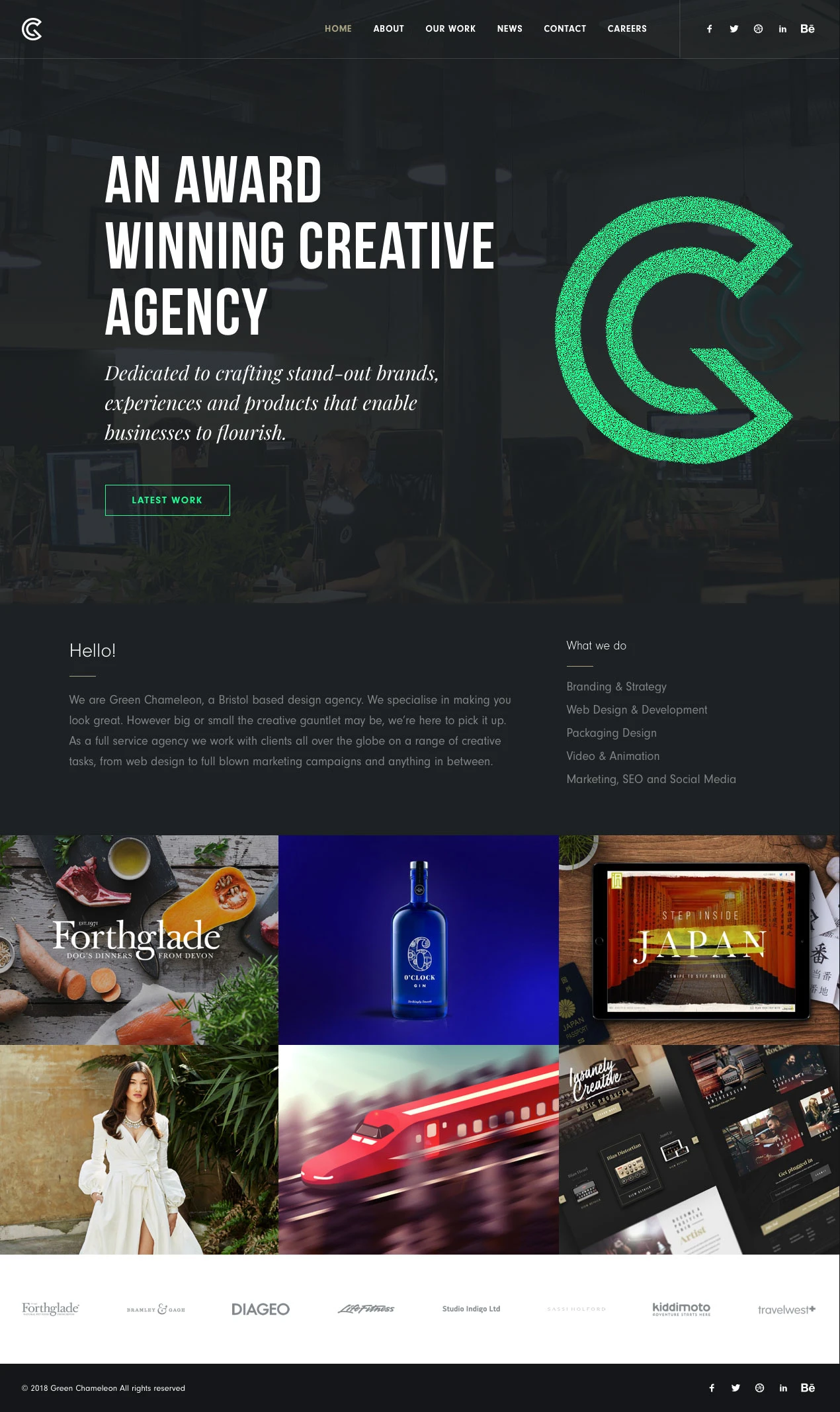 Green Chameleon Landing Page Example: Dedicated to crafting stand-out brands, experiences and products that enable businesses to flourish.